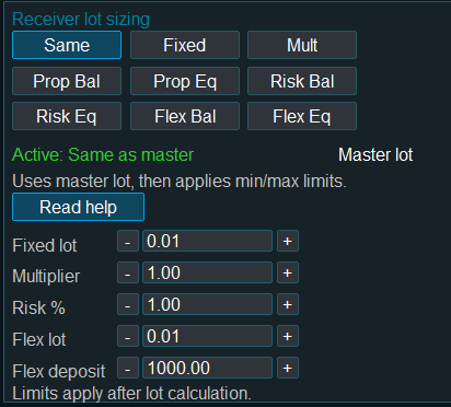 Receiver lot size controls in Signalator Local Copier