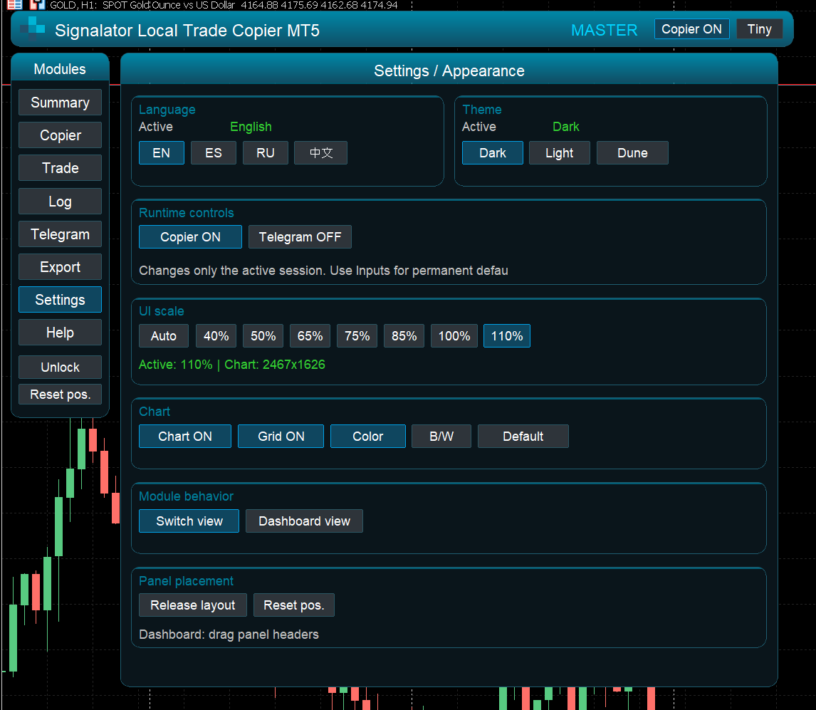 Signalator Local Copier settings view